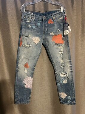 Distressed Embroidered Floral Jeans - Light Wash with Coral & Pastel Accents